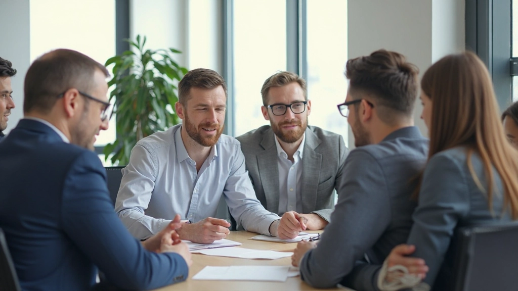 Группа профессионалов обсуждает стратегии карьерного развития в современном офисе