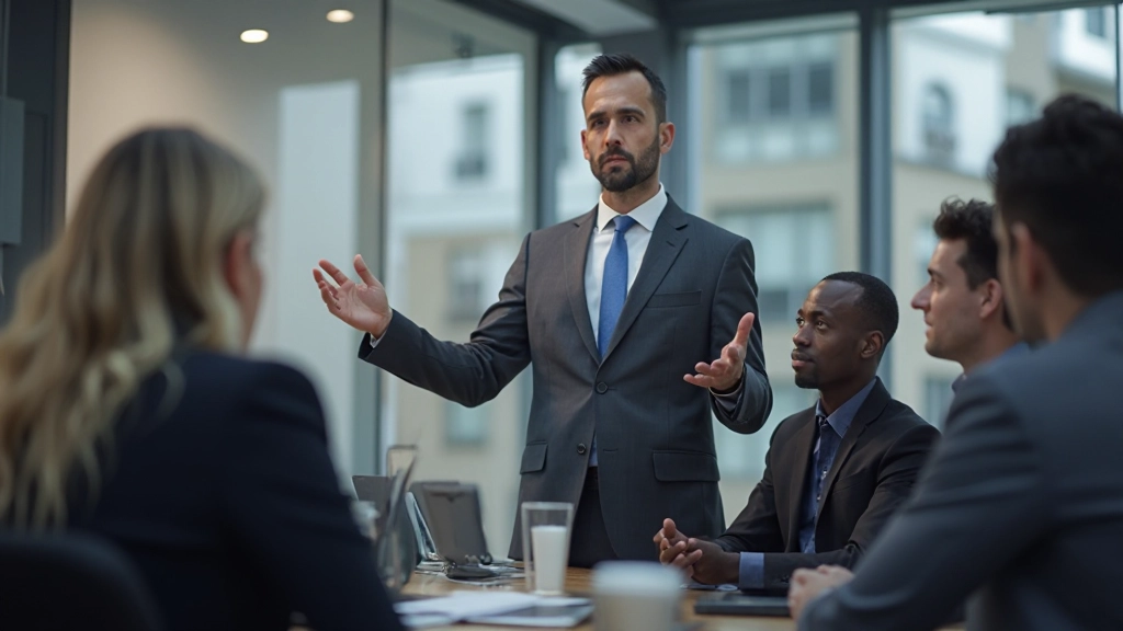 Professional man in business suit presenting growth strategies to colleagues in conference room