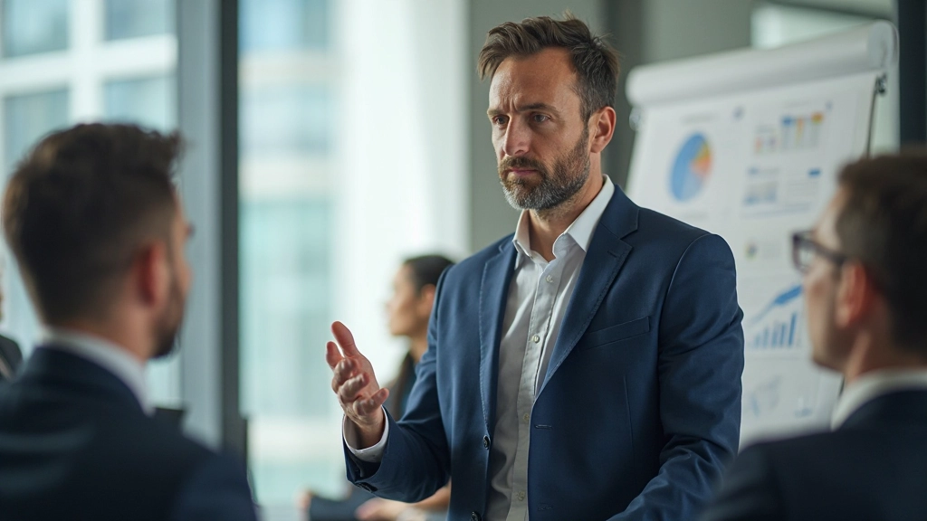 Профессиональный мужчина в деловом костюме презентует стратегии роста коллегам в конференц-зале