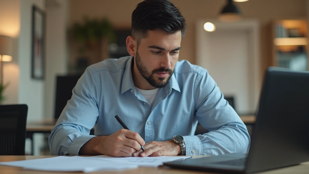 Профессиональный мужчина разрабатывает план карьерного развития с помощью ноутбука и документов