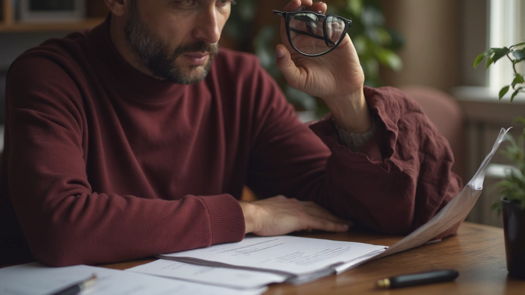 Professional man in glasses reviewing resume and career progression documents at desk
