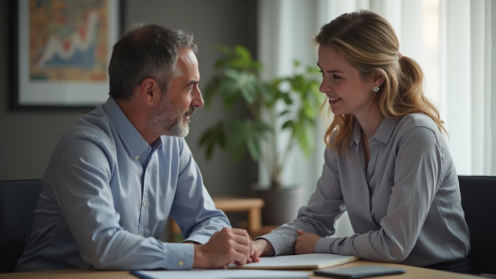 Опытный наставник проводит консультацию с молодым специалистом в офисе