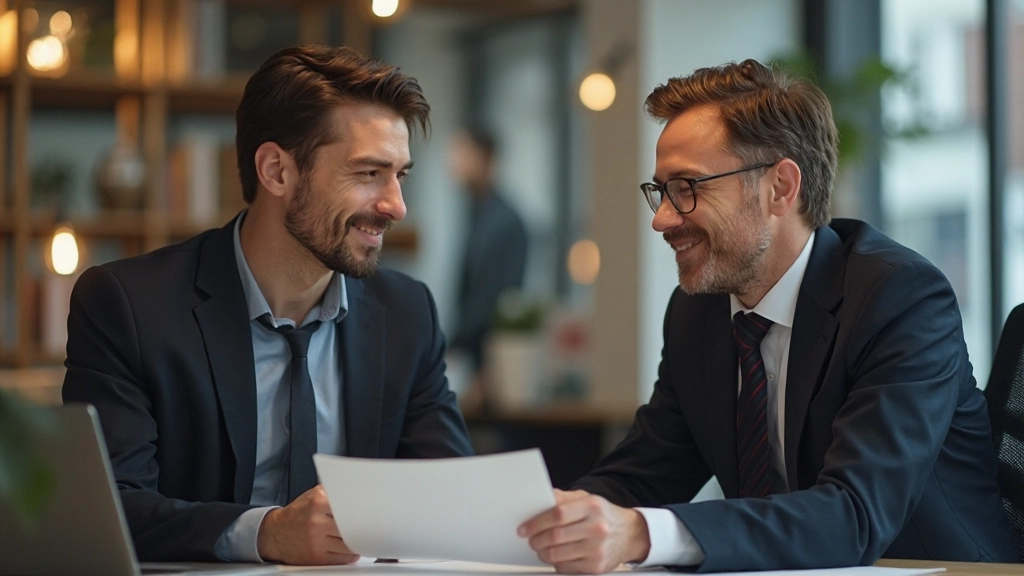 Два профессионала в деловой одежде имеют наставническую беседу за офисным столом