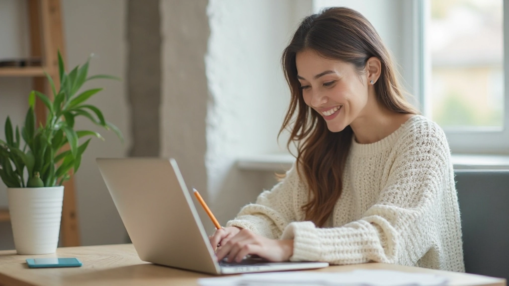 Professional woman with dark hair studying online course on laptop at home office setup