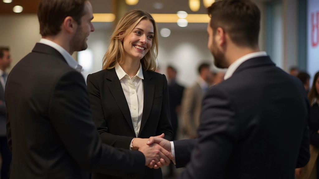 Professional woman networking at business event, shaking hands with colleagues in formal attire