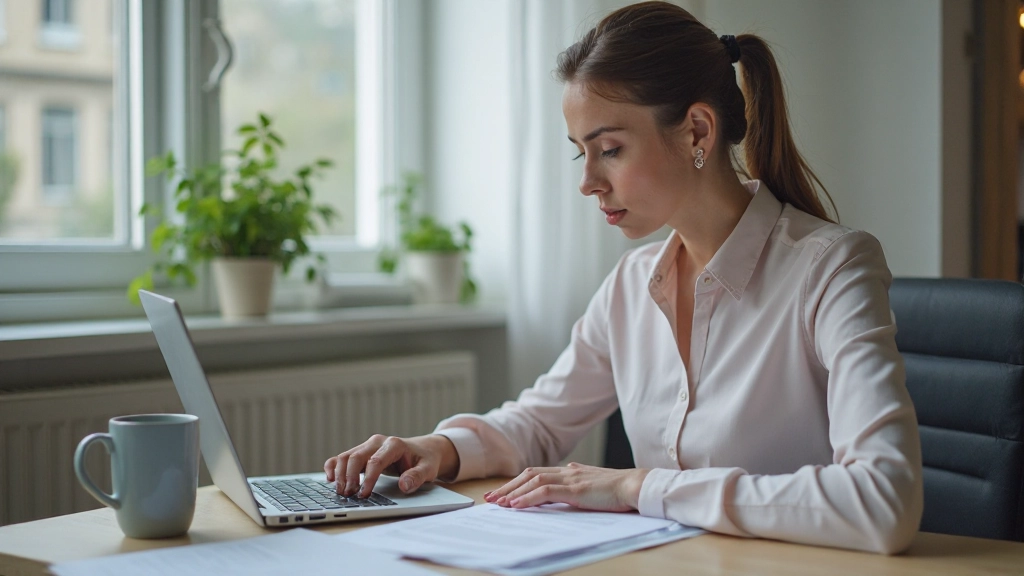 Профессиональная женщина анализирует данные карьерного развития на ноутбуке в офисе