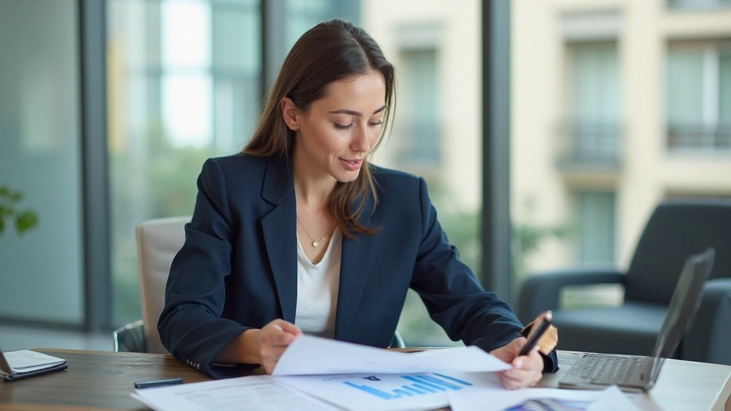 Professional woman in business attire reviewing career development plan at modern office desk