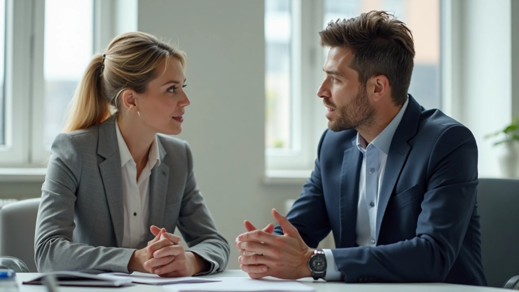 Two professionals in business attire having mentoring conversation at office desk
